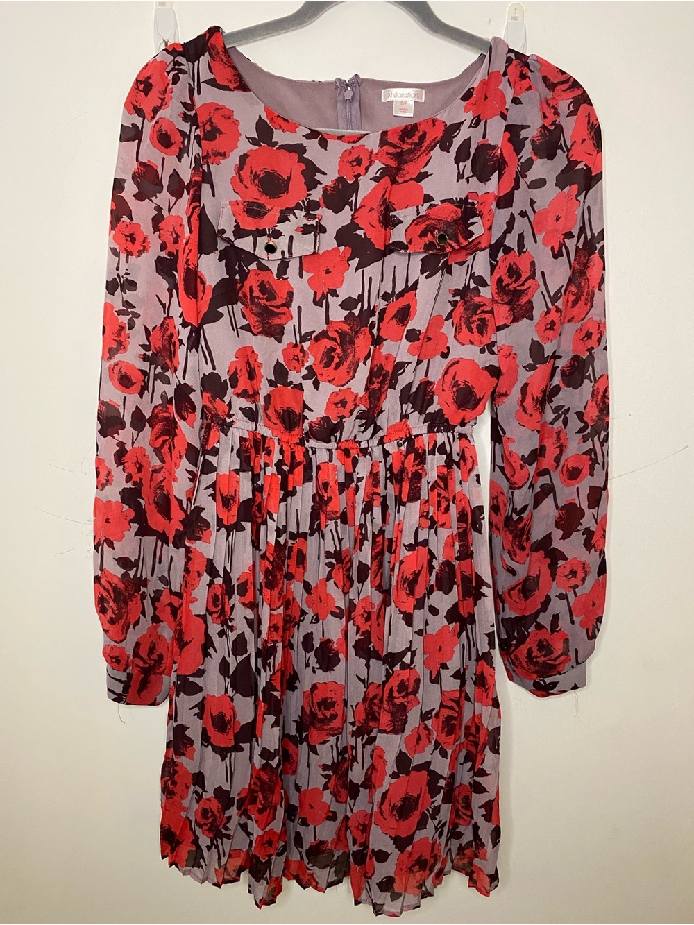 Xhilaration Red Floral Long Sleeve Pleated Dress on Lavender Base